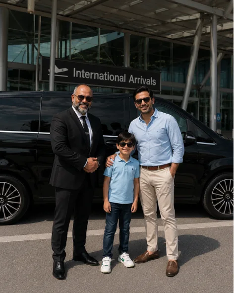 Chauffeur with a father and child beside a black Mercedes van at international arrivals