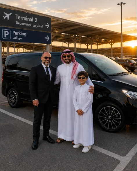 Chauffeur with a father and child beside a black Mercedes van at an airport terminal