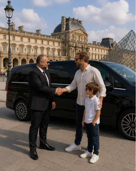 Chauffeur greeting a father and child beside a black Mercedes van near the Louvre