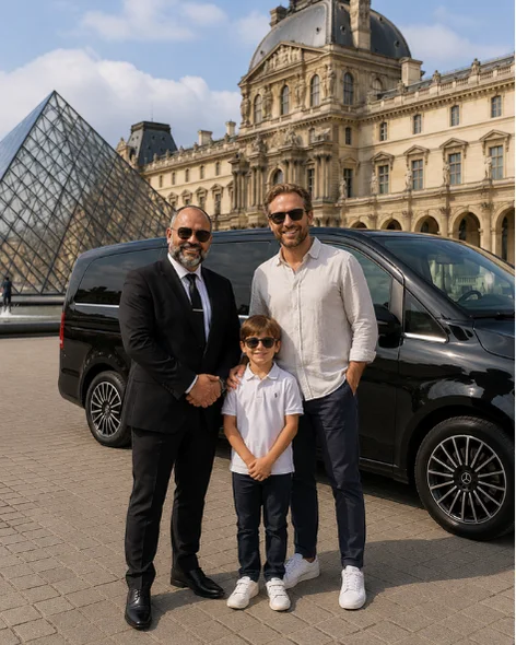 Chauffeur with a father and child beside a black Mercedes van near the Louvre
