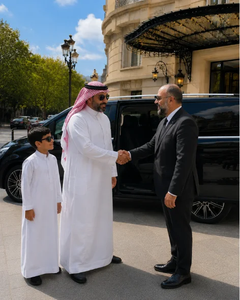 Chauffeur greeting a father and child beside a black Mercedes van outside a Paris hotel